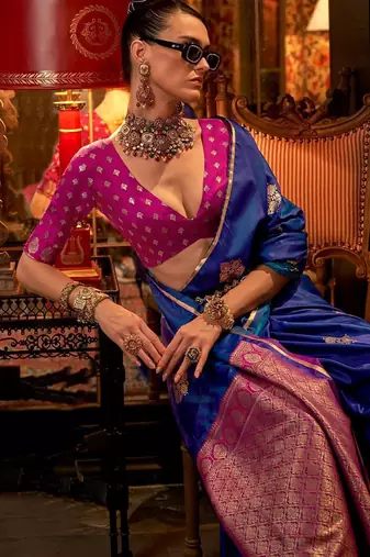 blue ethnic motifs woven design banarasi saree