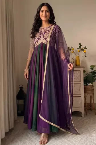 Purple silk blend embroidered flared gown set