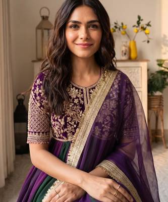 Purple silk blend embroidered flared gown set 5