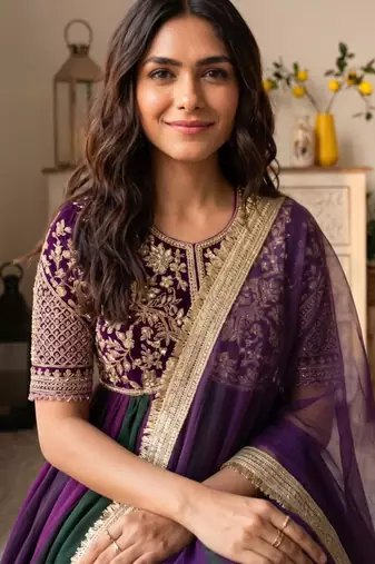Purple silk blend embroidered flared gown set