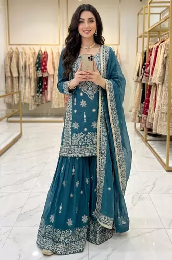 Blue silk blend embroidered palazzo set