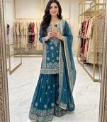 Blue silk blend embroidered palazzo set
