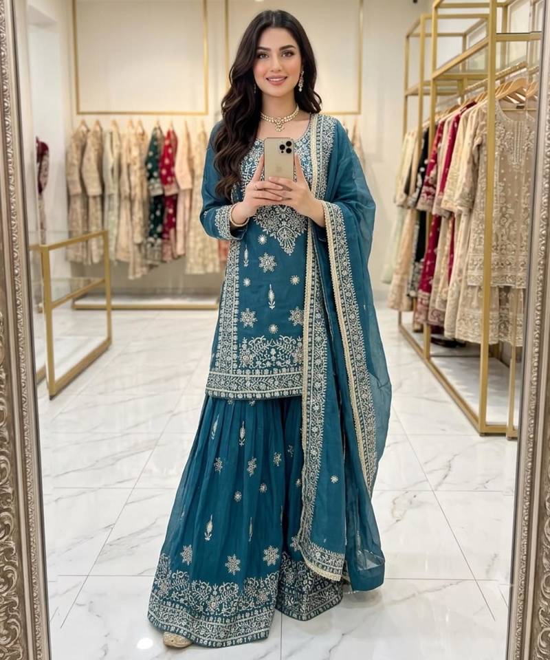 Blue silk blend embroidered palazzo set