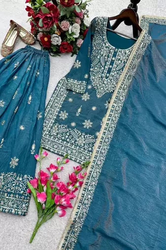 Blue silk blend embroidered palazzo set