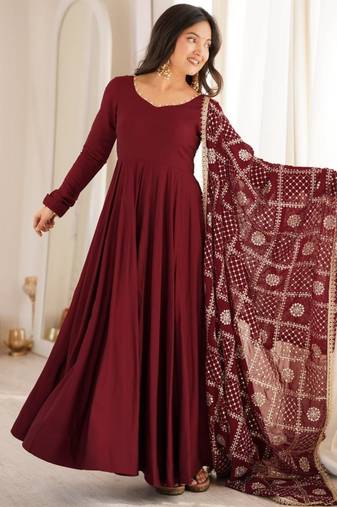Maroon chanderi embroidered flared gown set