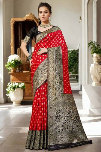 Red woven design zari silk blend banarasi saree