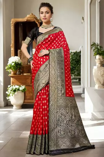 Red woven design zari silk blend banarasi saree