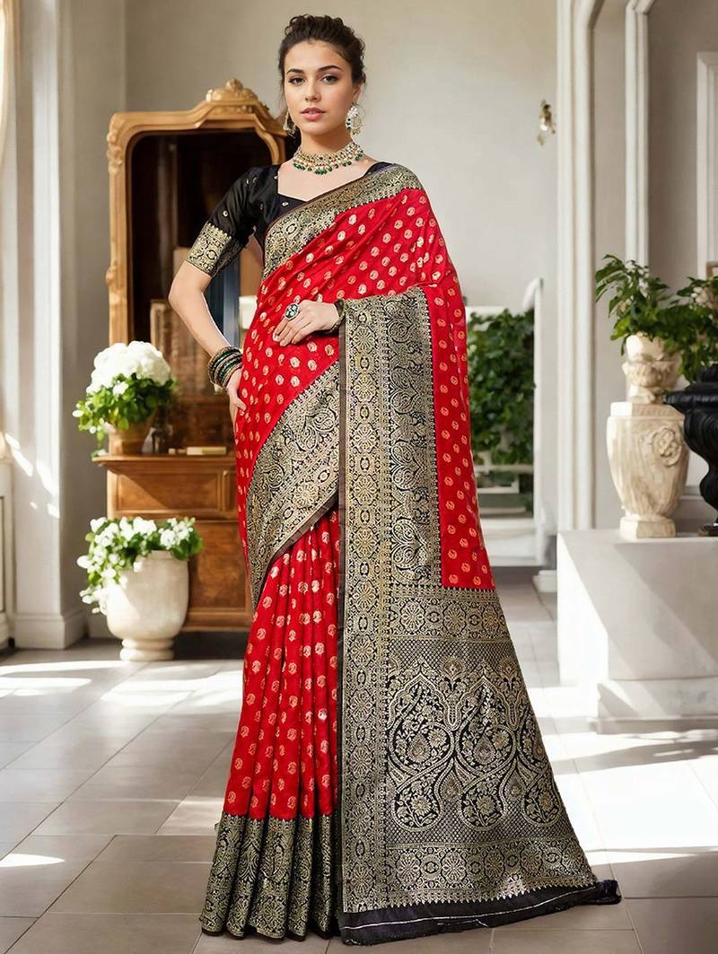 Red woven design zari silk blend banarasi saree