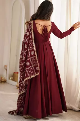 Maroon chanderi embroidered flared gown set