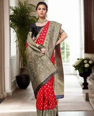 Red woven design zari silk blend banarasi saree 2