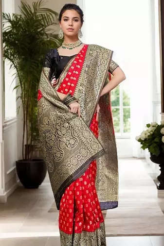 Red woven design zari silk blend banarasi saree
