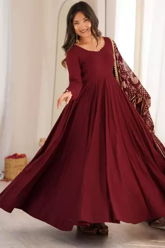 Maroon chanderi embroidered flared gown set