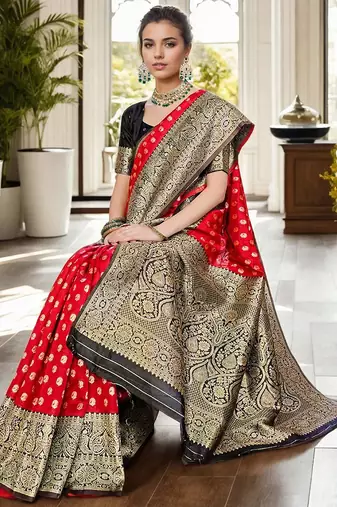 Red woven design zari silk blend banarasi saree