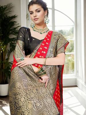 Red woven design zari silk blend banarasi saree 4