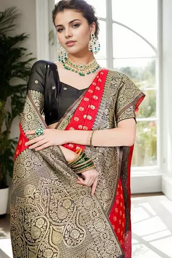 Red woven design zari silk blend banarasi saree