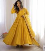 Yellow chanderi embroidered flared gown set