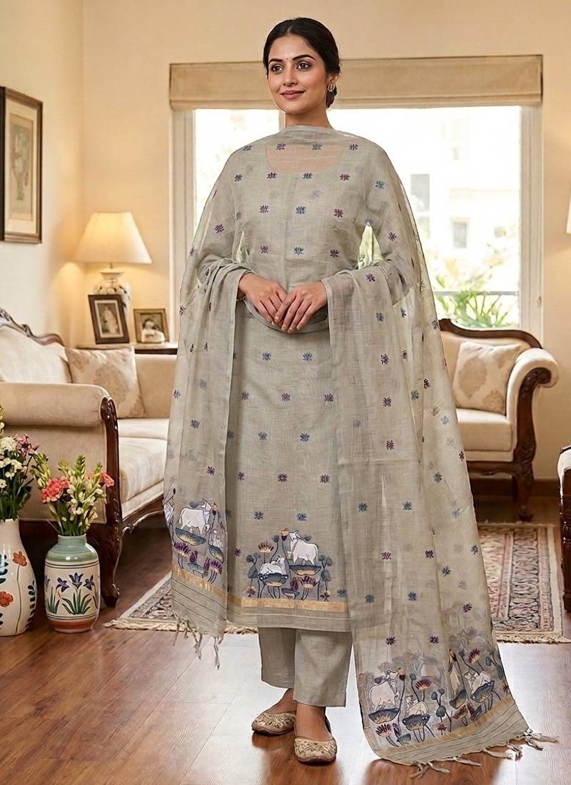 Grey muga cotton jamdani pichwai weaving salwar suit