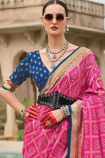 Pink bandhani printed woven design zari bandhani saree