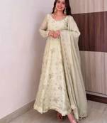 Cream silk blend embroidered flared gown set