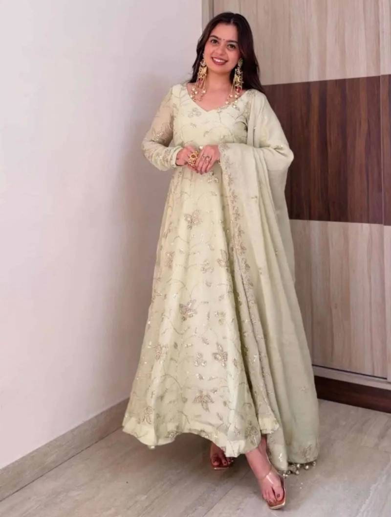 Cream silk blend embroidered flared gown set