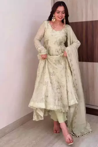 Cream silk blend embroidered flared gown set