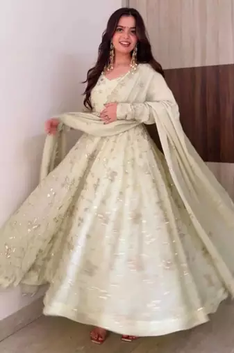 Cream silk blend embroidered flared gown set
