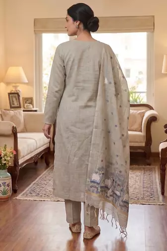 Grey muga cotton jamdani pichwai weaving salwar suit