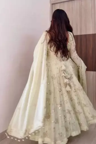 Cream silk blend embroidered flared gown set