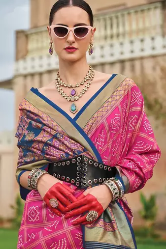 Pink bandhani printed woven design zari bandhani saree