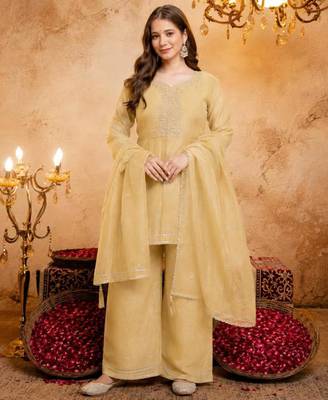 Yellow silk blend embroidered farshi salwar set 1