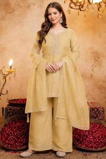 Yellow silk blend embroidered farshi salwar set