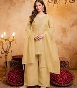 Yellow silk blend embroidered farshi salwar set