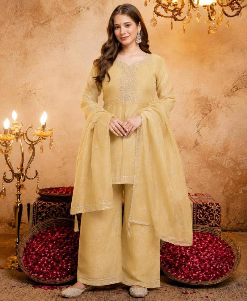 Yellow silk blend embroidered farshi salwar set