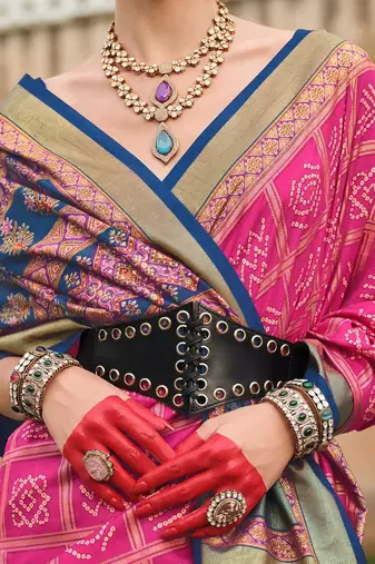 Pink bandhani printed woven design zari bandhani saree
