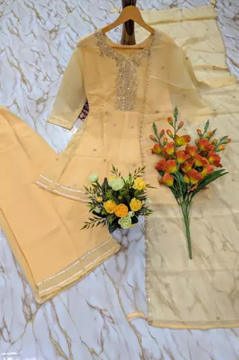Yellow silk blend embroidered farshi salwar set