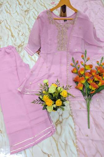 Pink silk blend embroidered farshi salwar set