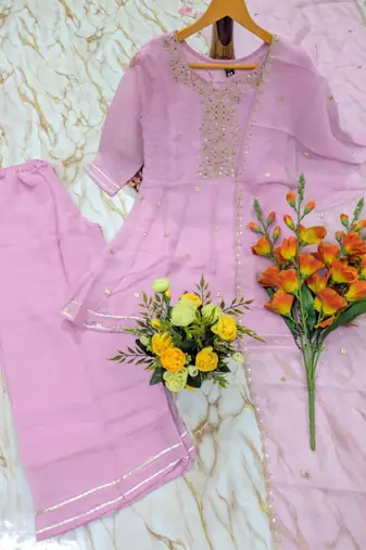 Pink silk blend embroidered farshi salwar set