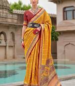 Yellow woven design zari silk blend bandhani saree
