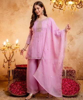 Pink silk blend embroidered farshi salwar set 2