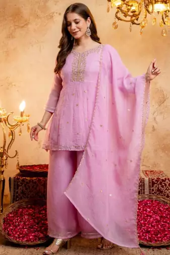 Pink silk blend embroidered farshi salwar set