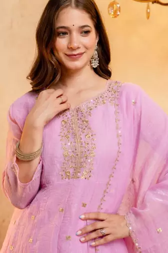 Pink silk blend embroidered farshi salwar set