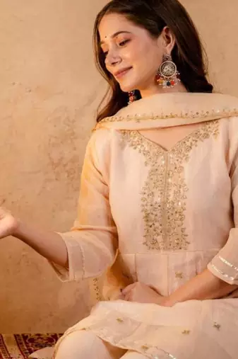 Light-peach silk blend embroidered farshi salwar set