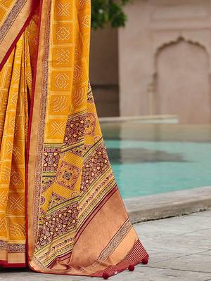 Yellow woven design zari silk blend bandhani saree 5