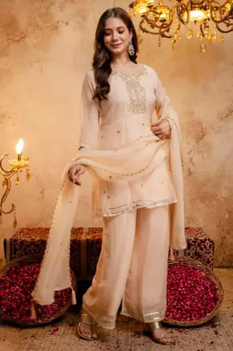 Light-peach silk blend embroidered farshi salwar set