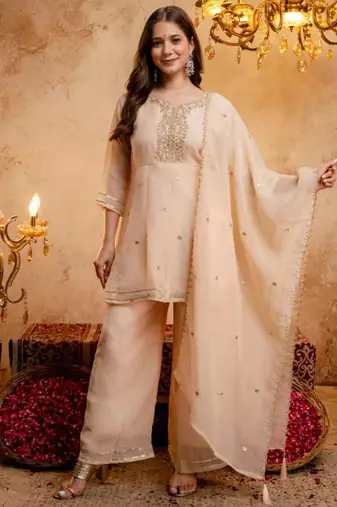Light-peach silk blend embroidered farshi salwar set