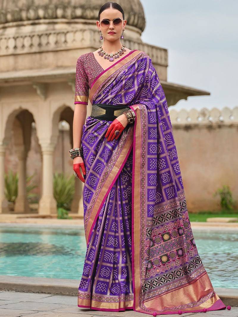 Purple bandhani zari silk blend bandhani saree