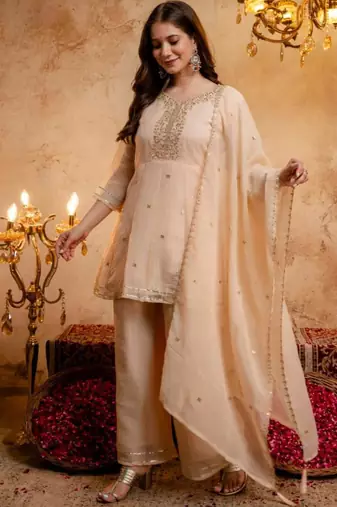 Light-peach silk blend embroidered farshi salwar set