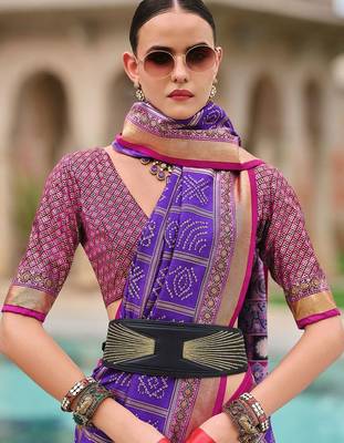 Purple bandhani zari silk blend bandhani saree 4