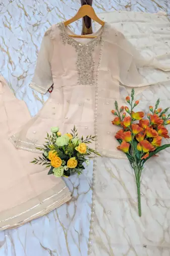 Light-peach silk blend embroidered farshi salwar set