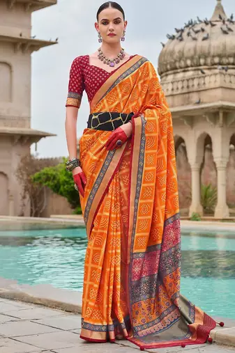 Orange bandhani zari silk blend bandhani saree